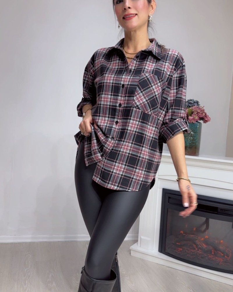 Ekose Desenli Oversize Gömlek – Bordo / Siyah