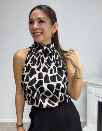 Boğazlı Kolsuz Bluz - Siyah