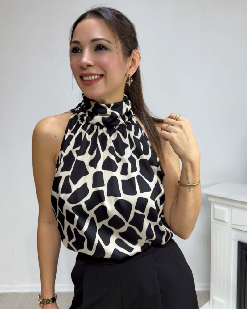 Boğazlı Kolsuz Bluz - Siyah