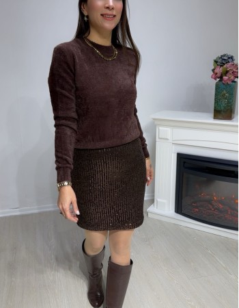 Payetli Mini Etek - Kahve 