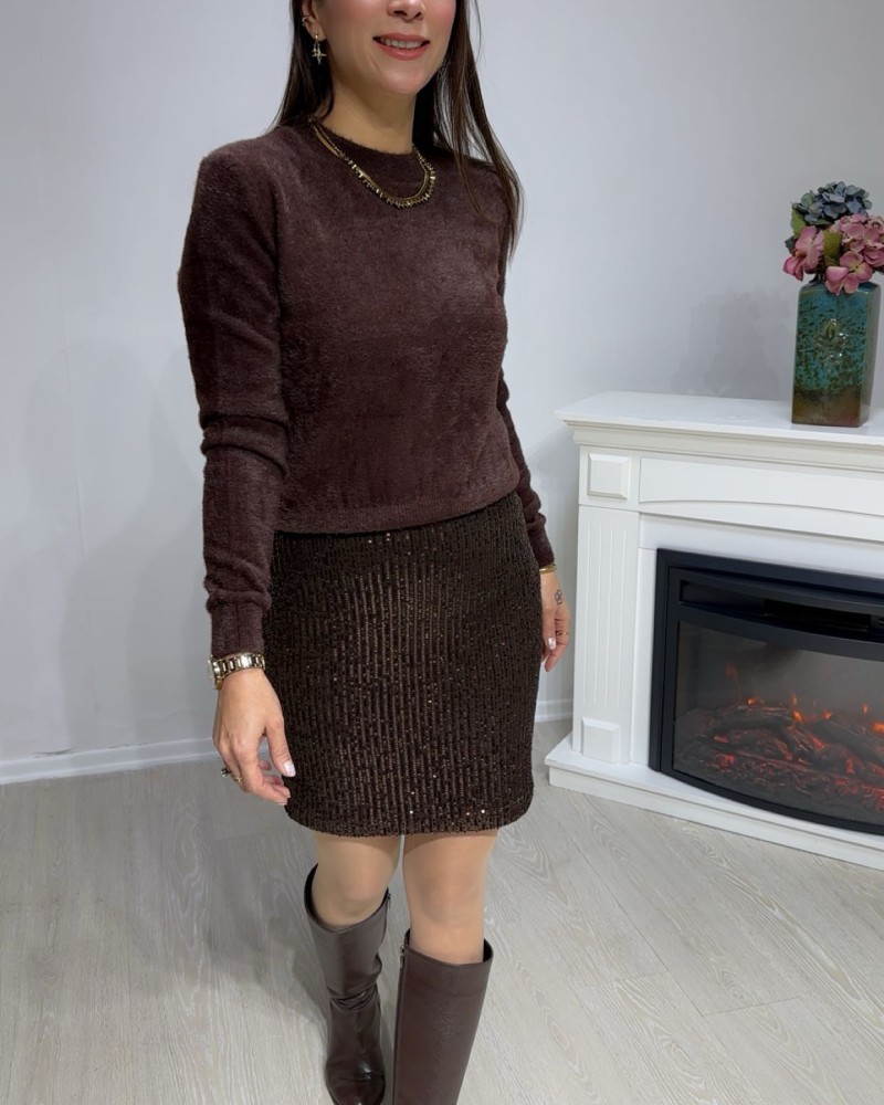 Payetli Mini Etek - Kahve 