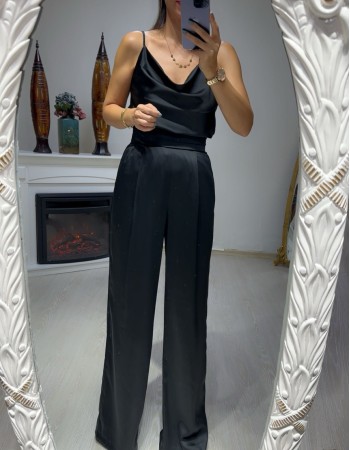 Siyah  Saten Bel Pli Detay Pantolon