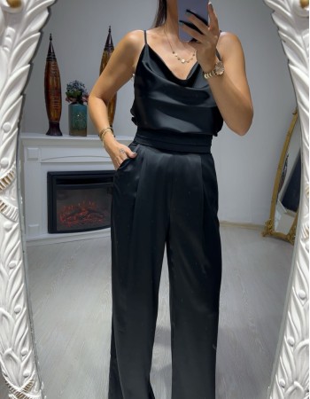 Siyah  Saten Bel Pli Detay Pantolon