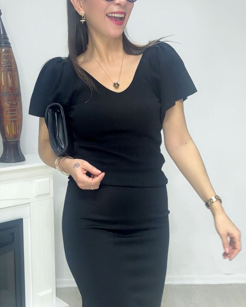 Zarif V Yaka Bluz Siyah 