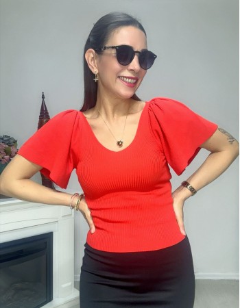 Zarif V Yaka Bluz Kırmızı 