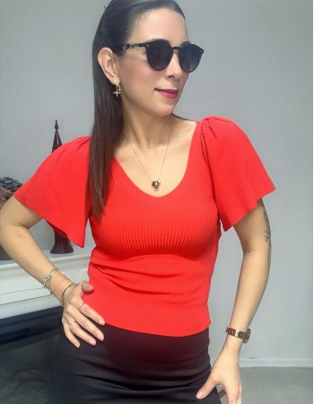 Zarif V Yaka Bluz Kırmızı 