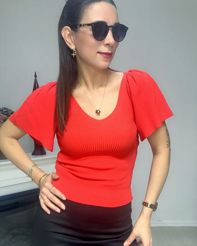 Zarif V Yaka Bluz Kırmızı 