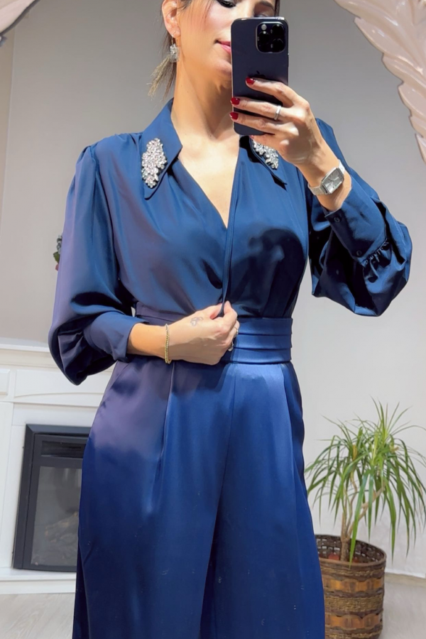 Aksesuar Detaylı Bodysuit Bluz - Lacivert