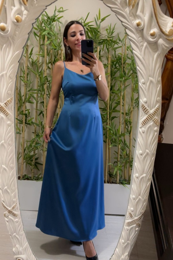 Saten Mavi Askılı Elbise 