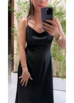 Saten Siyah Askılı Elbise 