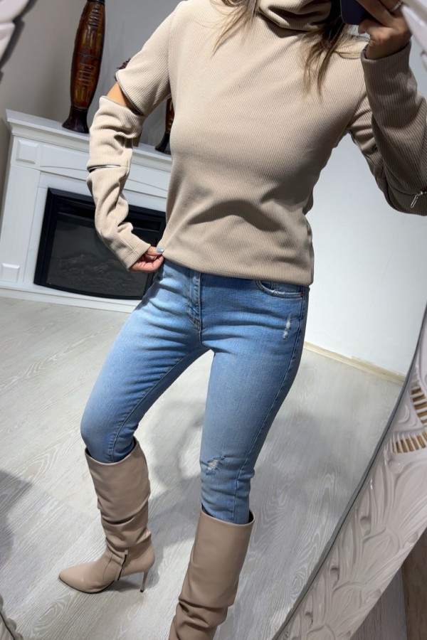 Balıkçı Yaka Kol Fermuar Detay Sweatshirt 