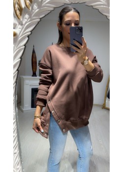 Kahverengi Zımba Düğme Detay Sweatshirt 