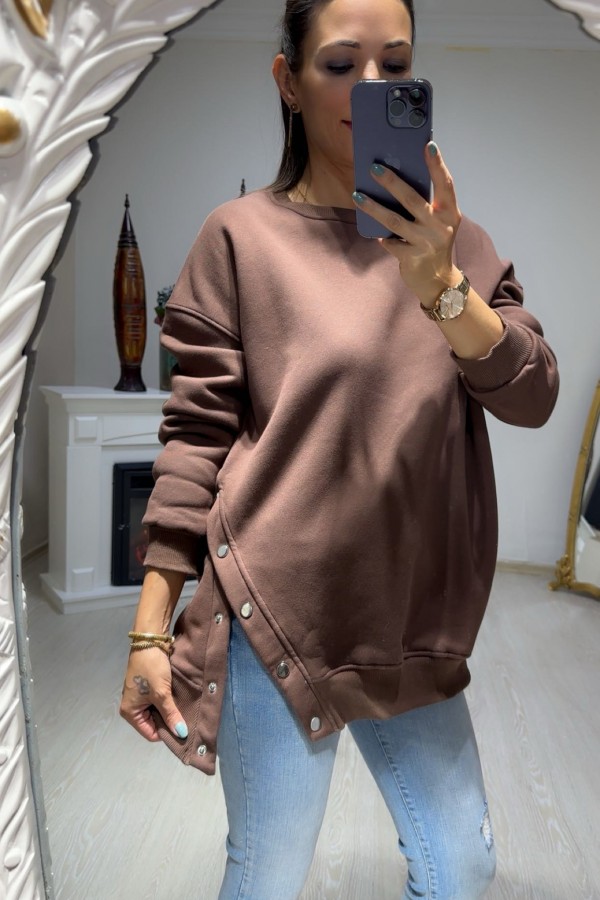 Kahverengi Zımba Düğme Detay Sweatshirt 