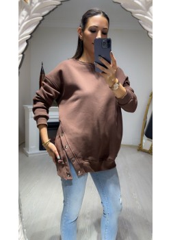Kahverengi Zımba Düğme Detay Sweatshirt 