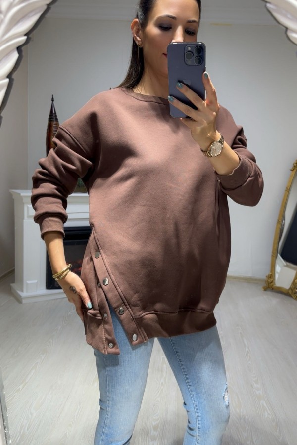 Kahverengi Zımba Düğme Detay Sweatshirt 
