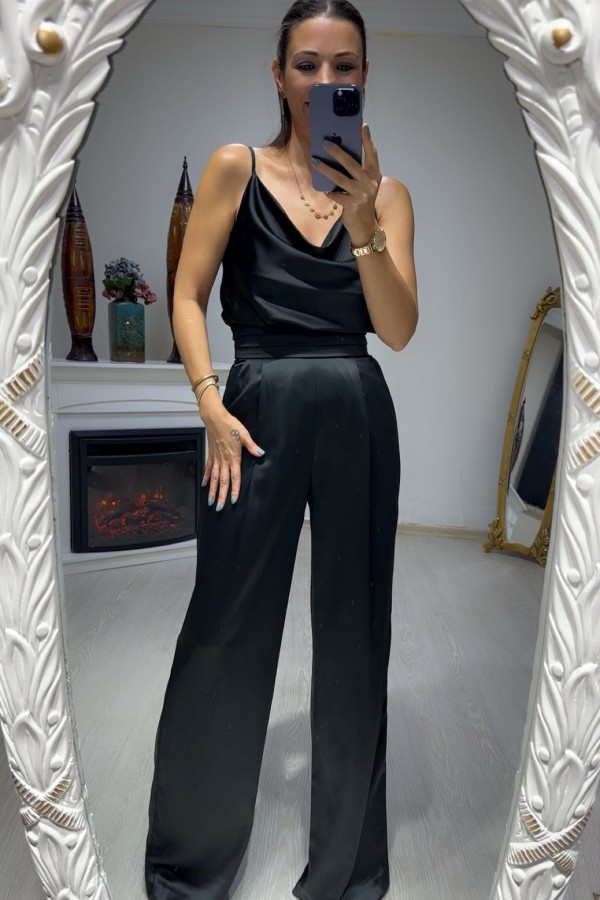 Siyah Saten Askılı Bluz  