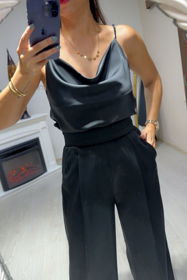 Siyah Saten Askılı Bluz  